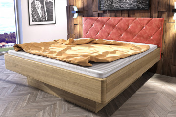 Dubová posteľ Emily s úložným priestorom-rúžové čalunenie